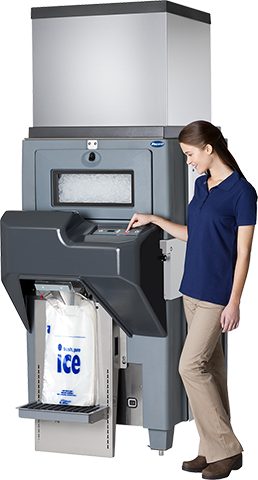 woman dispensing ice into bag