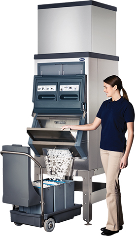 woman dispensing ice into cart