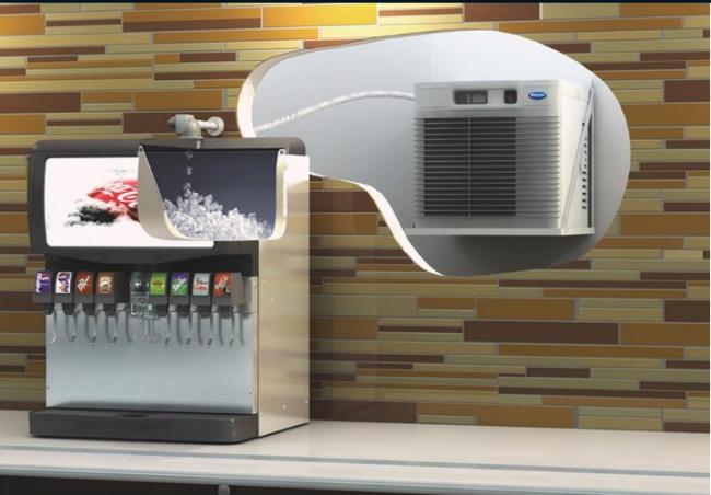 ice and beverage dispenser with remote ice machine